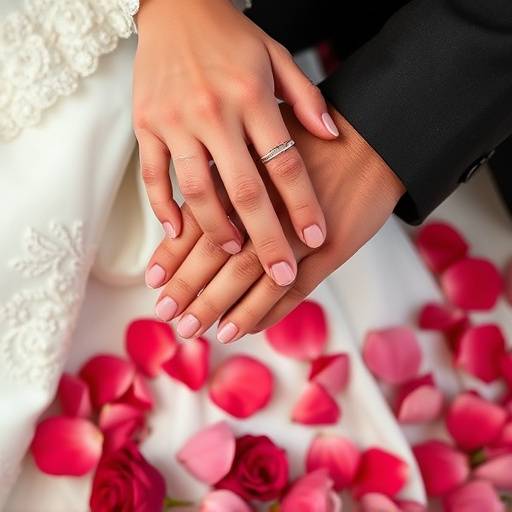 Dettaglio delle mani degli sposi con le fedi nuziali, su un letto di petali di rosa.