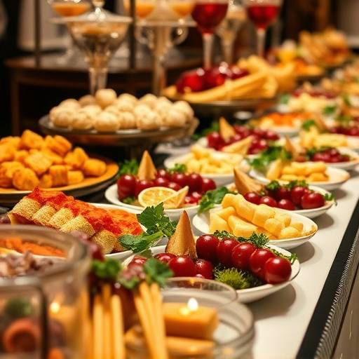 Dettaglio di un buffet elaborato durante un evento di gala, con cibi presentati artisticamente.