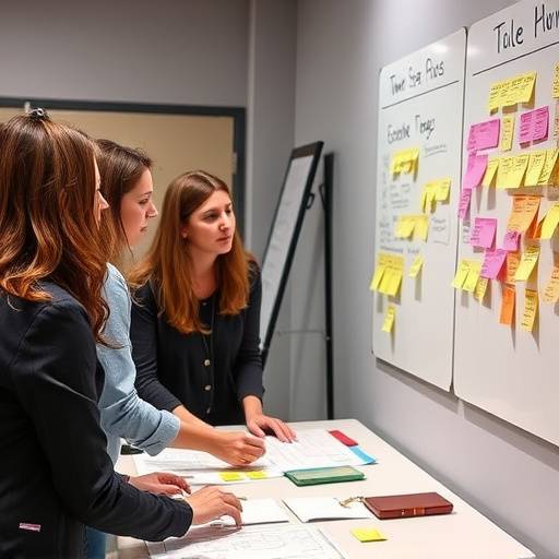 Dettaglio di un team che collabora attivamente durante un workshop, con lavagne e post-it.