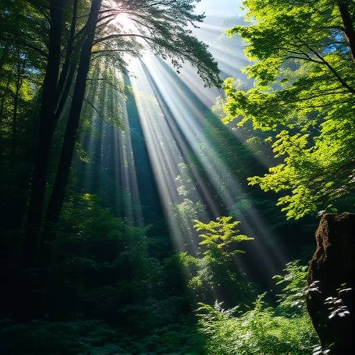 Foresta lussureggiante con raggi di sole che filtrano tra gli alberi, creando un'atmosfera magica.