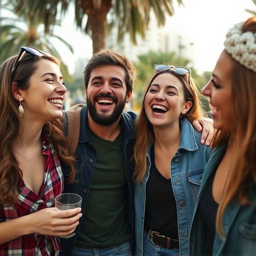 Gruppo di amici che ridono e si divertono, catturati in un momento spontaneo.