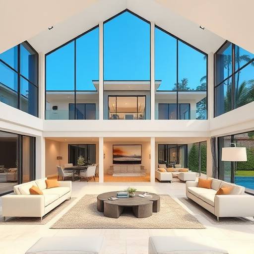 Interno di una lussuosa villa con ampie finestre e arredamento moderno