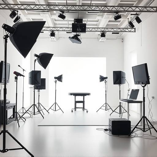 Interno moderno e luminoso dello studio fotografico Luce Creativa con attrezzature professionali e elementi d'arredo.