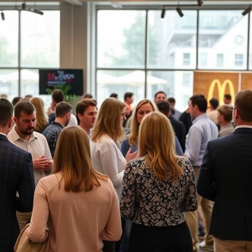 Momento di networking durante un evento: persone che conversano in un ambiente luminoso e moderno.
