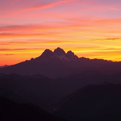 Montagne maestose al tramonto, con cielo colorato di arancione e viola e nuvole leggere.