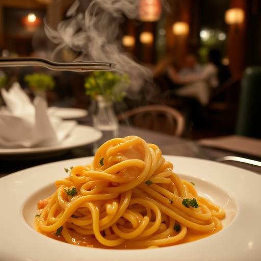 Piatto di pasta fumante servito in un ristorante con illuminazione accogliente