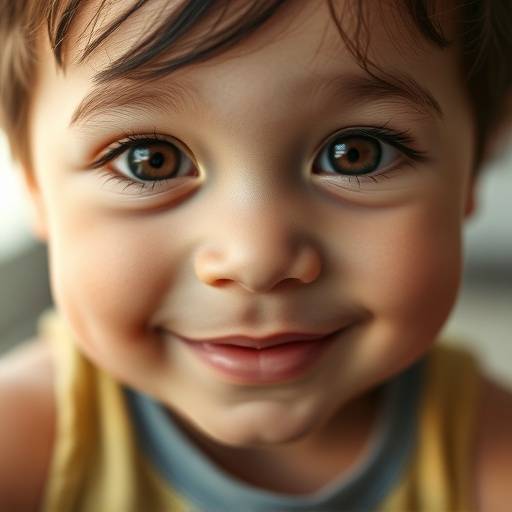 Primo piano di un bambino con occhi curiosi e un sorriso timido, illuminato da luce naturale morbida.