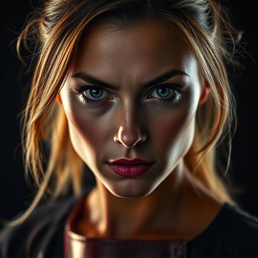 Ritratto di una donna adulta con uno sguardo intenso e sicuro, con illuminazione drammatica.