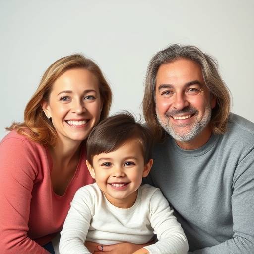 Ritratto di una famiglia sorridente, genitori e due bambini vestiti elegantemente in uno studio fotografico ben illuminato.