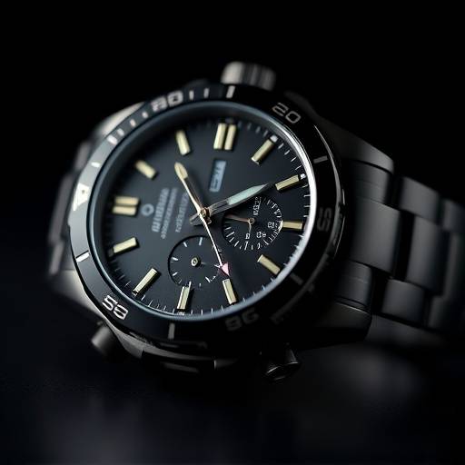 Un elegante orologio di lusso fotografato in primo piano su uno sfondo nero opaco, con dettagli meticolosamente illuminati.