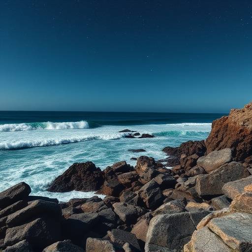 Vista di una costa rocciosa con onde che si infrangono, sotto un cielo stellato.
