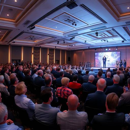 Vista panoramica di un evento aziendale con relatori sul palco e pubblico attento, con luci dinamiche.